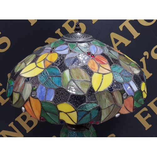 167 - COLOURED GLASS TIFFANY STYLE TABLE LAMP AND MATCHING SHADE WORKING ORDER