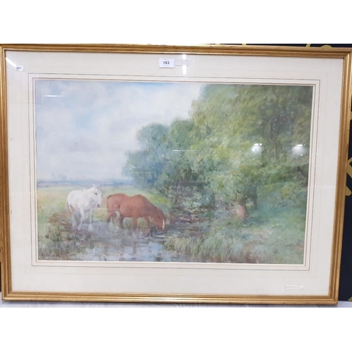 183 - A WATERCOLOUR BY DAVID J ROBERTSON DEPICTING HORSES WATERING AT A RIVER SIGNED 47.5 X 70.5CM