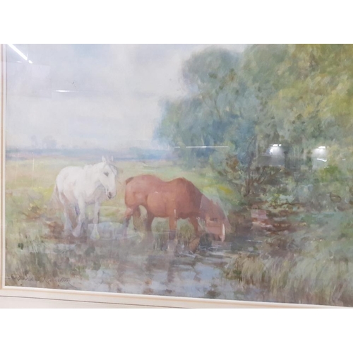 183 - A WATERCOLOUR BY DAVID J ROBERTSON DEPICTING HORSES WATERING AT A RIVER SIGNED 47.5 X 70.5CM