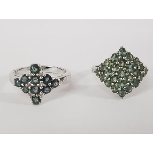 186 - FOUR SILVER AND GREEN STONE RINGS OF VARIOUS DESIGNS STAMPED SIZES R 1/2 AND T 1/2 18.1 G GROSS