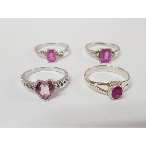 192 - FOUR SILVER AND PINK STONE RINGS STAMPED SIZES T AND T 1/2 11.4G GROSS