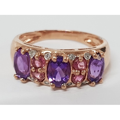 196 - 9CT ROSE GOLD AMETHYST, PINK STONE AND DIAMOND RING, 2.9G GROSS SIZE N