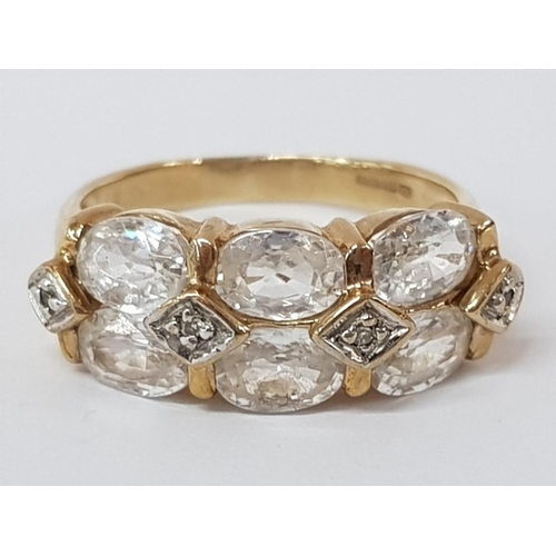 205 - 9CT YELLOW GOLD WHITE STONE AND DIAMOND CHIPS RING, 3.8G SIZE O