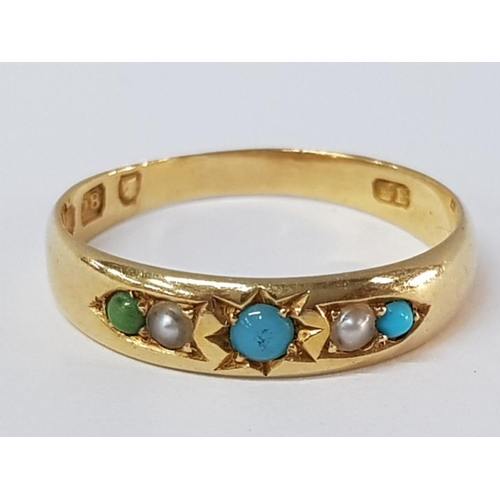 222 - 18CT YELLOW GOLD TURQUOISE AND PEARL BAND RING, 2.1G SIZE N