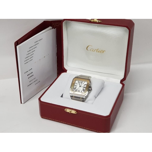 260 - GENTS STEEL AND YELLOW GOLD CARTIER SANTOS 100 WRISTWATCH WITH WHITE DIAL AND GOLD BEZEL, BLUE SAPPH... 