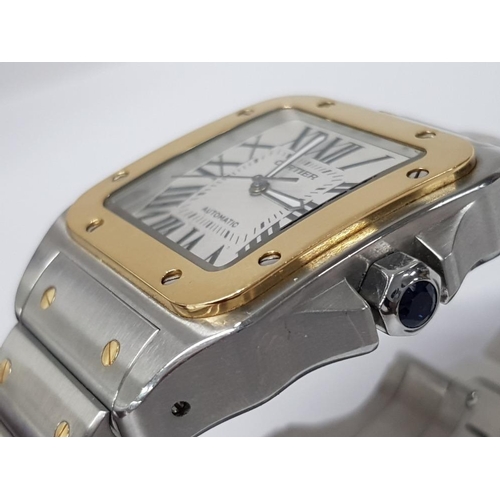 260 - GENTS STEEL AND YELLOW GOLD CARTIER SANTOS 100 WRISTWATCH WITH WHITE DIAL AND GOLD BEZEL, BLUE SAPPH... 