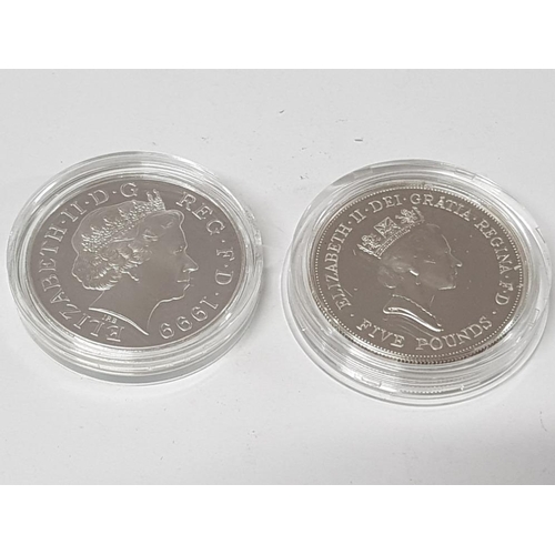 38 - 2 SILVER 5 POUND COINS, 1990 CROWN PROOF MINTAGE 150,000 28.28 GRAMS BOXED WITH COA UNCIRCULATED, RO... 