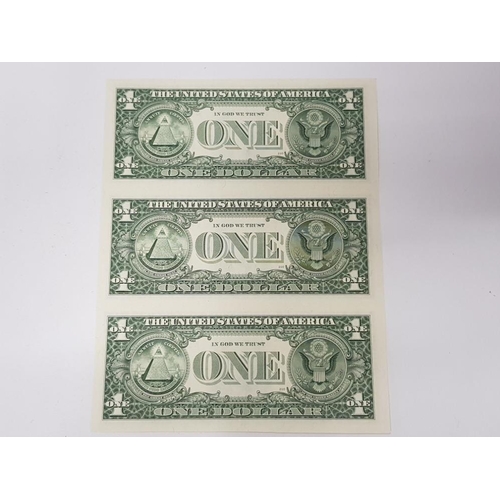 63 - UNCUT STRIP OF 3 USA ONE DOLLAR BILLS, UNCIRCULATED