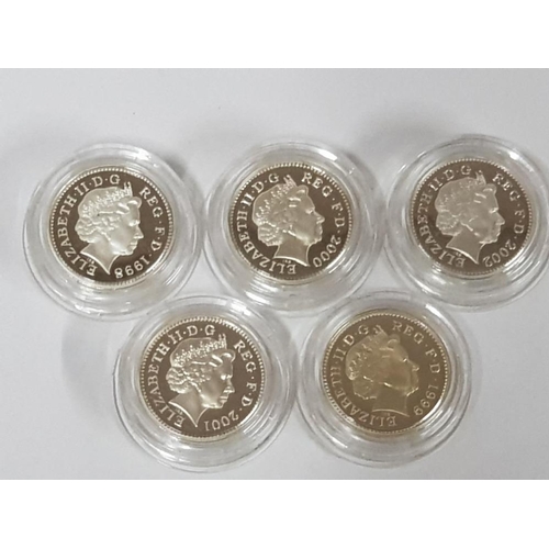 92 - 5 ROYAL MINT UK  1 POUND SILVER PROOF COINS FROM 1998 TO 2002 ALL IN ORIGINAL CASES WITH CERTIFICATE... 