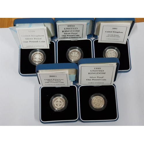 92 - 5 ROYAL MINT UK  1 POUND SILVER PROOF COINS FROM 1998 TO 2002 ALL IN ORIGINAL CASES WITH CERTIFICATE... 