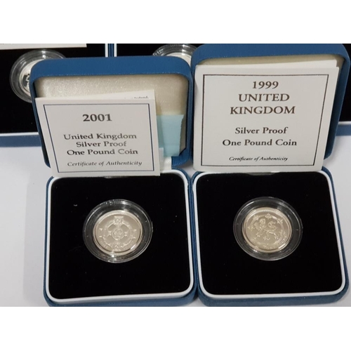 92 - 5 ROYAL MINT UK  1 POUND SILVER PROOF COINS FROM 1998 TO 2002 ALL IN ORIGINAL CASES WITH CERTIFICATE... 