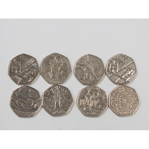 226 - 8 COMMEMORATIVE 50P COINS INCLUDING X2 2014 COMMONWEALTH GAMES GLASGOW, 2016 HASTINGS, 2016 TEAM GB,... 