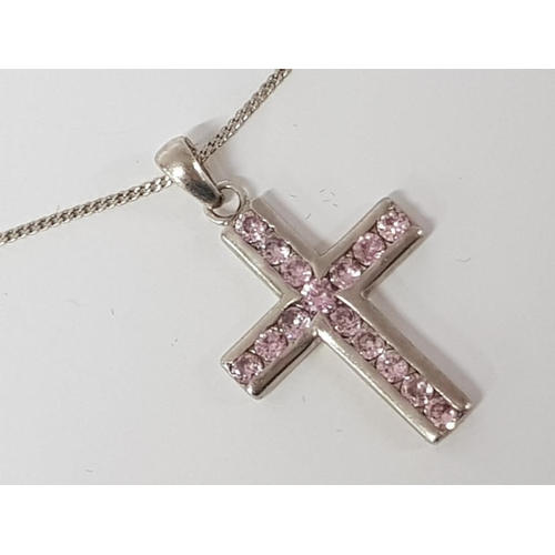 282 - SILVER AND PINK CZ CROSS AND CHAIN, 6G