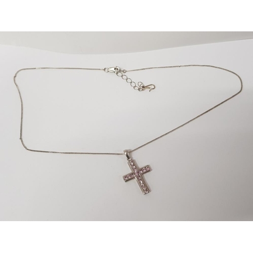 282 - SILVER AND PINK CZ CROSS AND CHAIN, 6G