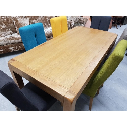 1 - BEAUTIFUL SOLID OAK DINING TABLE AND 6 MULTI COLOURED CHAIRS 1.8m x 90cms x 78cms
