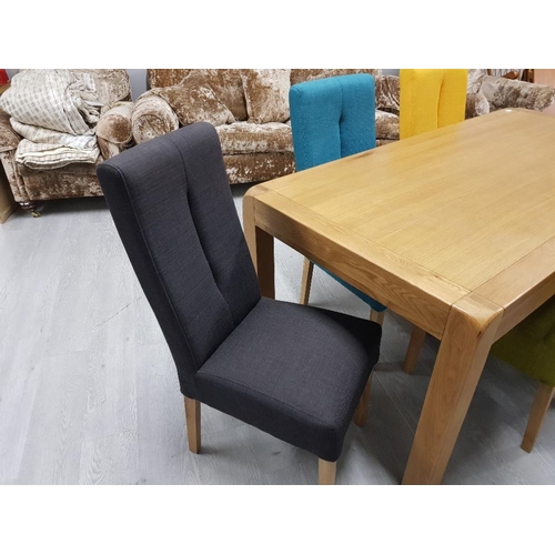 1 - BEAUTIFUL SOLID OAK DINING TABLE AND 6 MULTI COLOURED CHAIRS 1.8m x 90cms x 78cms