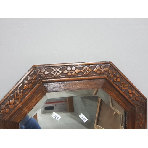 112 - CARVED OAK BEVEL EDGED WALL HANGING MIRROR