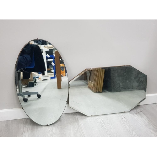 113 - OVAL SHAPED FRAMELESS WALL MIRROR TOGETHER WITH FRAMELESS BEVEL EDGED WALL MIRROR