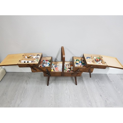 120 - OAK CANTILEVER SEWING BOX WITH CONTENT