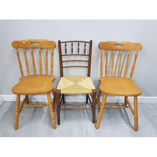 124 - 2 BEECH FRAMED CHAIRS TOGETHER WITH VINTAGE STRAW SEATED CHAIR