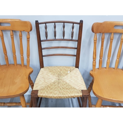 124 - 2 BEECH FRAMED CHAIRS TOGETHER WITH VINTAGE STRAW SEATED CHAIR