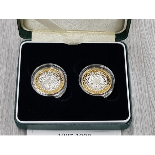 143 - ROYAL MINT UK 1997-98 £2 SILVER PROOF 2 PIECE COIN SET IN CASE OF ISSUE WITH CERTIFICATE