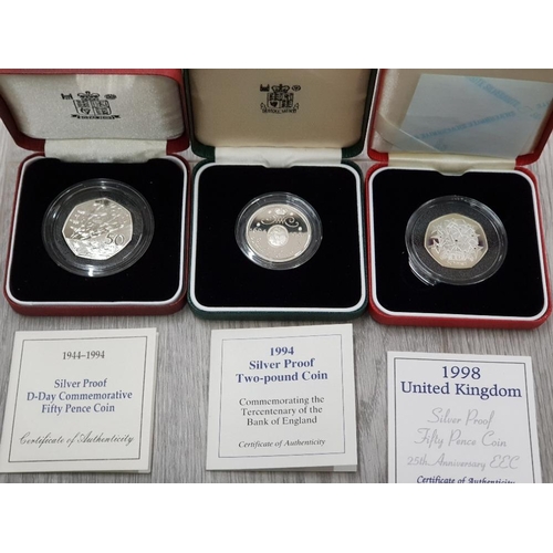 151 - ROYAL MINT SILVER PROOF COLLECTION COMPRISING 1994 50P D-DAY 1998 50P EEC 1994 £2 BANK OF ENGLAND 19... 