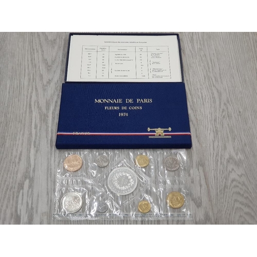 158 - FRENCH 1974 SILVER PROOF SET OF 9 COINS INCLUDING 50 FRANCS IN BOX OF ISSUE WITH CERTIFICATE