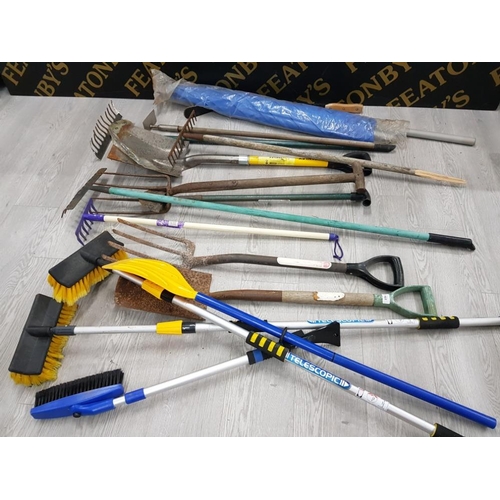 161 - GARDENING TOOLS INCLUDES RAKES, SPADES, BLUE UMBRELLA AND TELESCOPIC BRUSHES ETC