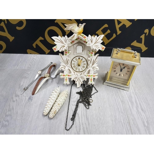 170 - CUCKOO CLOCK BY J. GELGER, QUARTZ TABLE CLOCK AND 3 QUARTZ WRIST WATCHES