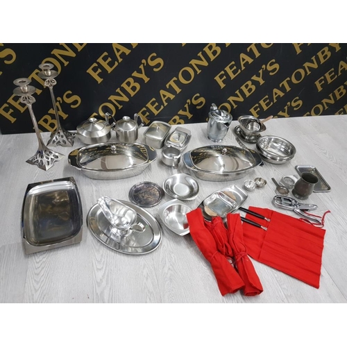 172 - A LARGE BOX CONTAINING MISCELLANEOUS ITEMS INCLUDES OLD HALL SILVER PLATE PEWTER  ETC (THE CANDLE ST... 