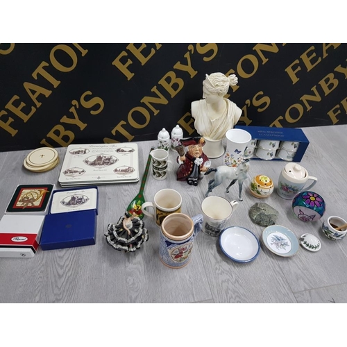 179 - MISCELLANEOUS ITEMS TO INCLUDE ROY KIRKHAM CHARACTER JUG, AINSLEY COTTAGE GARDEN VASE, BOX OF 6 ROYA... 