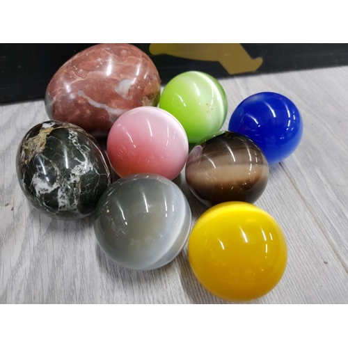 180 - MARBLE AND ONYX EGGS TOGETHER WITH GLASS BALLS POSSIBLY LARGE MARBLES