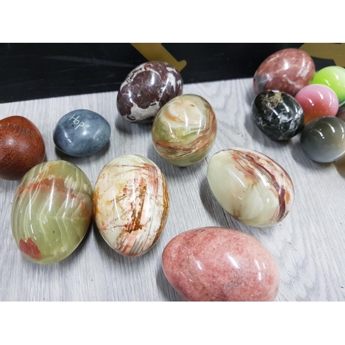 180 - MARBLE AND ONYX EGGS TOGETHER WITH GLASS BALLS POSSIBLY LARGE MARBLES