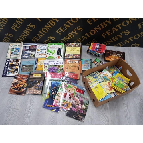 202 - LARGE COLLECTION OF BOOKS MAINLY FISHING AND CHILDRENS WITH MAGAZINES THE FLOWER ARRANGER AND DVDS