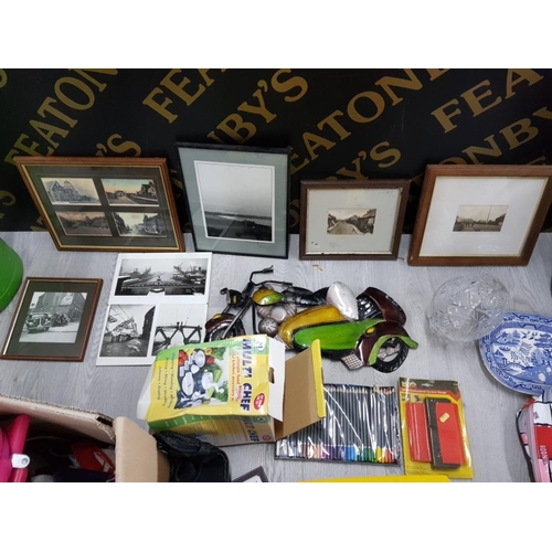 203 - MIXED LOT INCLUDING FRAMED PICTURES OF LOCAL INTEREST, ROLLS OF STRING, SILVER TAPE AND FISHING ROD ... 