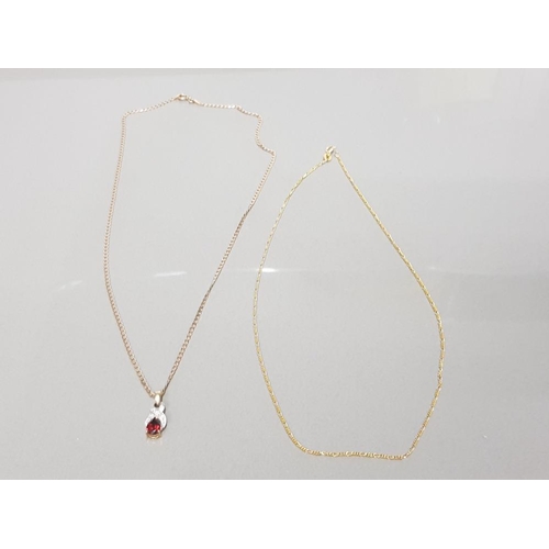 242 - 9CT YELLOW GOLD CHAIN AND GARNET PENDANT TOGETHER WITH ONE OTHER 9CT YELLOW GOLD CHAIN GROSS WEIGHT ... 