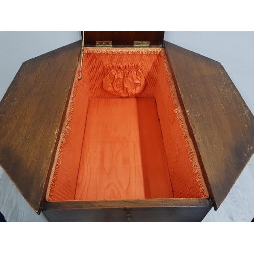 68 - 1930S OAK OCTAGONAL UTILITY STYLE SEWING TABLE BOX WITH ORIGINAL PINK SILK INTERIOR