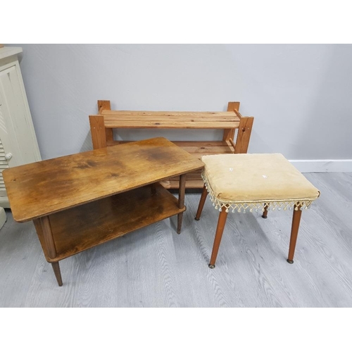 69 - 1960S DRESSING TABLE STOOL TOGETHER WITH 1950S RUSTIC PINE COFFEE TABLE AND A PINE SHELF SHOE TIDY