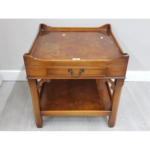 70 - YEW WOOD SINGLE DRAWER LAMP TABLE WITH WALNUT TOP 50CM 51CM
