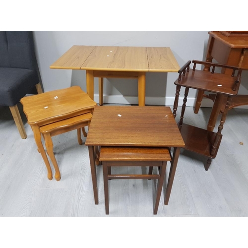 76 - 1960S STYLE FORMICA TOP TABLE TOGETHER WITH 2 NEST OF TABLES AND A MAHOGANY TELEPHONE TABLE