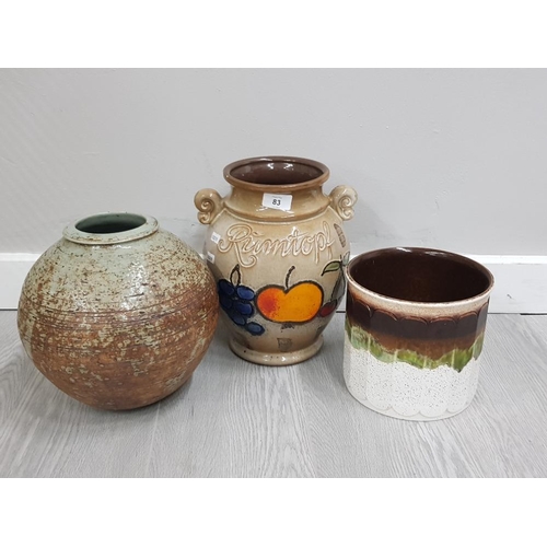 83 - LARGE WEST GERMAN RUMTOPF VASE TOGETHER WITH A VASE AND PLANTER POSSIBLY GERMAN