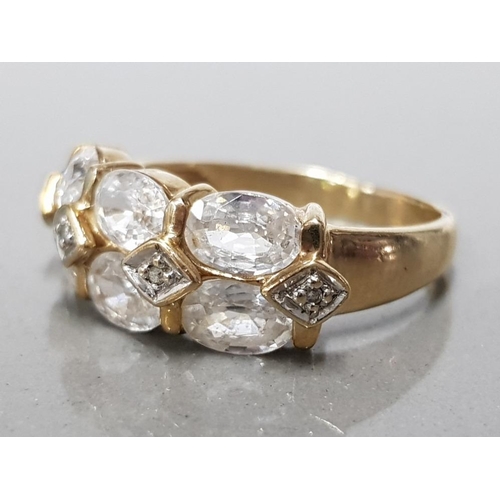 374 - 9CT YELLOW GOLD LADIES CUBIC ZIRCONIA SET CLUSTER RING COMPRISING OF 6 OVAL SHAPES STONES SET IN 2 R... 