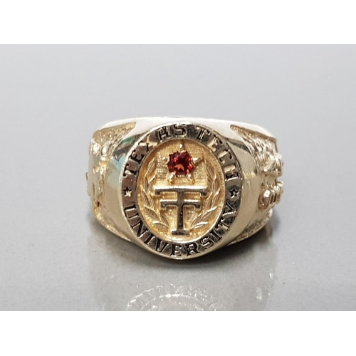 378 - 9CT YELLOW GOLD GENTS TEXAS TECH UNIVERSITY RING SET WITH A BRILLIANT ROUND CUT GARNET IN THE CENTRE... 