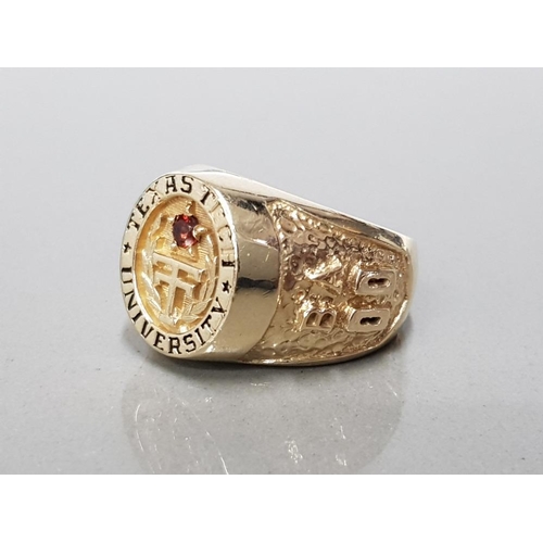 378 - 9CT YELLOW GOLD GENTS TEXAS TECH UNIVERSITY RING SET WITH A BRILLIANT ROUND CUT GARNET IN THE CENTRE... 