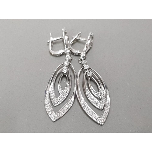 380 - 9CT WHITE GOLD LADIES ORNATE DIAMOND DROP EARRINGS FEATURING 3 MARQUE SHAPED DROPS SET WITH WITH BRI... 