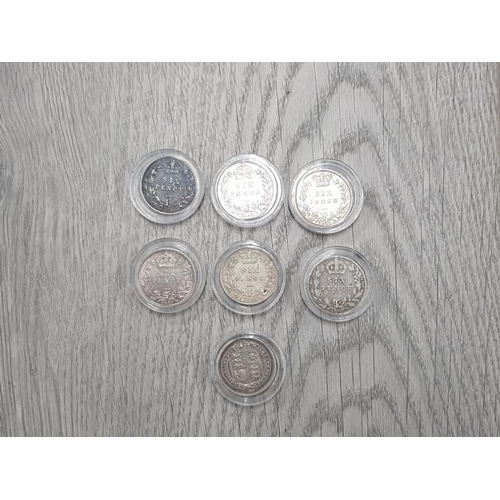 12 - THE THREE DIFFERENT TYPES OF SILVER 6 PENCE COINS ISSUED IN 1887 AND 2 MORE VICTORIAN YOUNG HEAD SIX... 