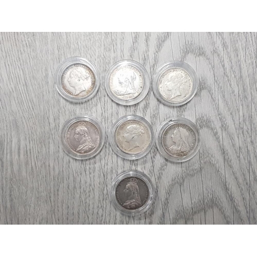 12 - THE THREE DIFFERENT TYPES OF SILVER 6 PENCE COINS ISSUED IN 1887 AND 2 MORE VICTORIAN YOUNG HEAD SIX... 