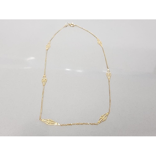 17 - 9CT YELLOW GOLD LADIES NECKLACE OF 6 INTER SPACED PIERCED DIAMOND SHAPED PANELS CONNECTED BY T LENGT... 