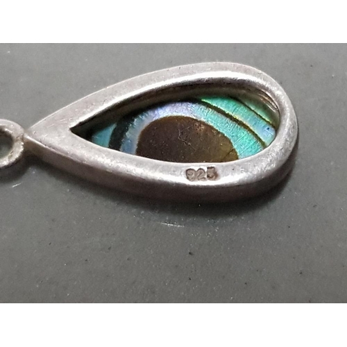 20 - SILVER AND ABALONE TEARDROP PENDANT ON TWISTED 925 SILVER CHAIN TOGETHER WITH SILVER MOUNTED RED STO... 